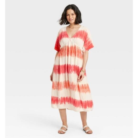 Knox Rose Dresses & Skirts - Knox Rose Tie-Dye Cream Orange Boho Style V-Neck Maxi Dress Sz XL